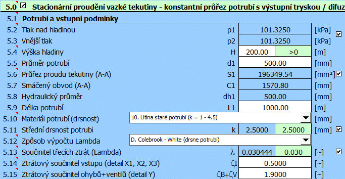 Stacionární proudění vazké tekutiny - konstantní průřez potrubí s výstupní tryskou / difuzorem