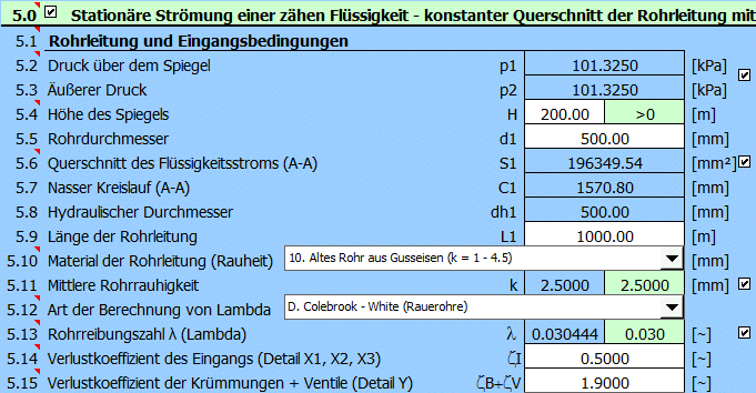 Stationäre Strömung einer zähen Flüssigkeit - konstanter Querschnitt der Rohrleitung mit Austrittsdüse/Diffusor