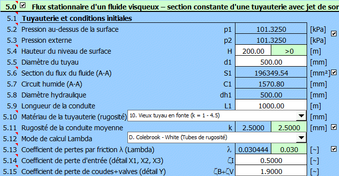 Flux stationnaire d'un fluide visqueux – section constante d'une tuyauterie avec jet de sortie/diffuseur Flux stationnaire d'un fluide visqueux – section constante d'une tuyauterie avec jet de sortie/diffuseur